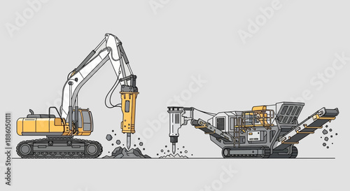 Heavy Industrial Demolition And Crushing Equipment In Action Vector Illustration