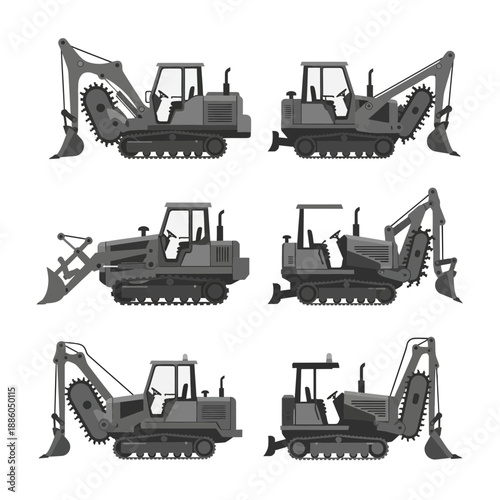 Heavy Industrial Construction Machinery Tracked Excavators Illustrations Collection Set