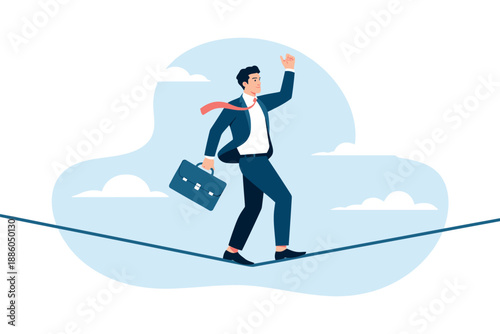 Businessman Walking on Tightrope with Briefcase in Hand, Balancing Act Under Cloudy Sky