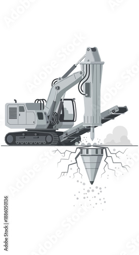 Heavy Industrial Demolition Excavator Breaking Concrete Ground With Powerful Hydraulic Hammer