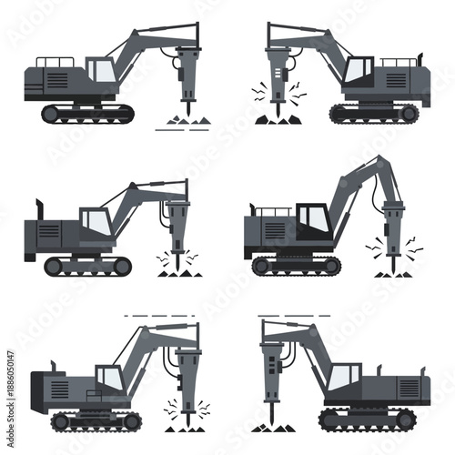 Heavy Industrial Demolition Excavator Machines Breaking Ground Vector Set Isolated