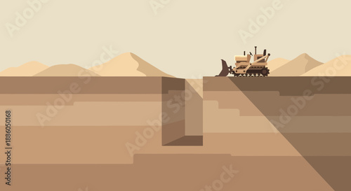 Industrial Earthmoving Equipment At Work Digging A Trench In A Flat Minimalist Desert Landscape