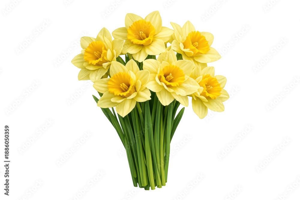 Fototapeta premium Daffodil flowers bouquet representing spring, growth, and nature, with yellow blossoms and green stems on transparent background