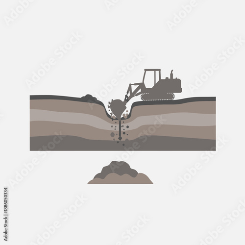 Industrial Excavator Creating A Trench In Multilayered Ground For Utility Installation