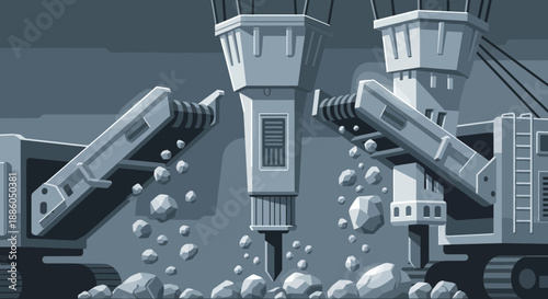 Heavy Industrial Quarry Operation With Rock Crushing Equipment And Jackhammer Illustration