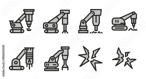 Industrial Construction And Demolition Icons Featuring Heavy Machinery And Cracking Effects