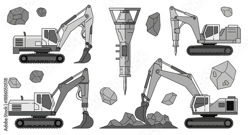Industrial Excavators And Hydraulic Breaker Equipment Collection Working On Rocky Construction Sites
