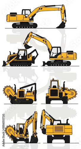 Industrial Construction Vehicles Vector Collection Featuring Detailed Excavators And Trenchers