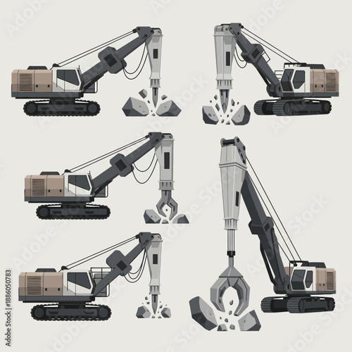 Industrial Heavy Duty Excavator Machines Engaged In Rock Breaking Demolition Work