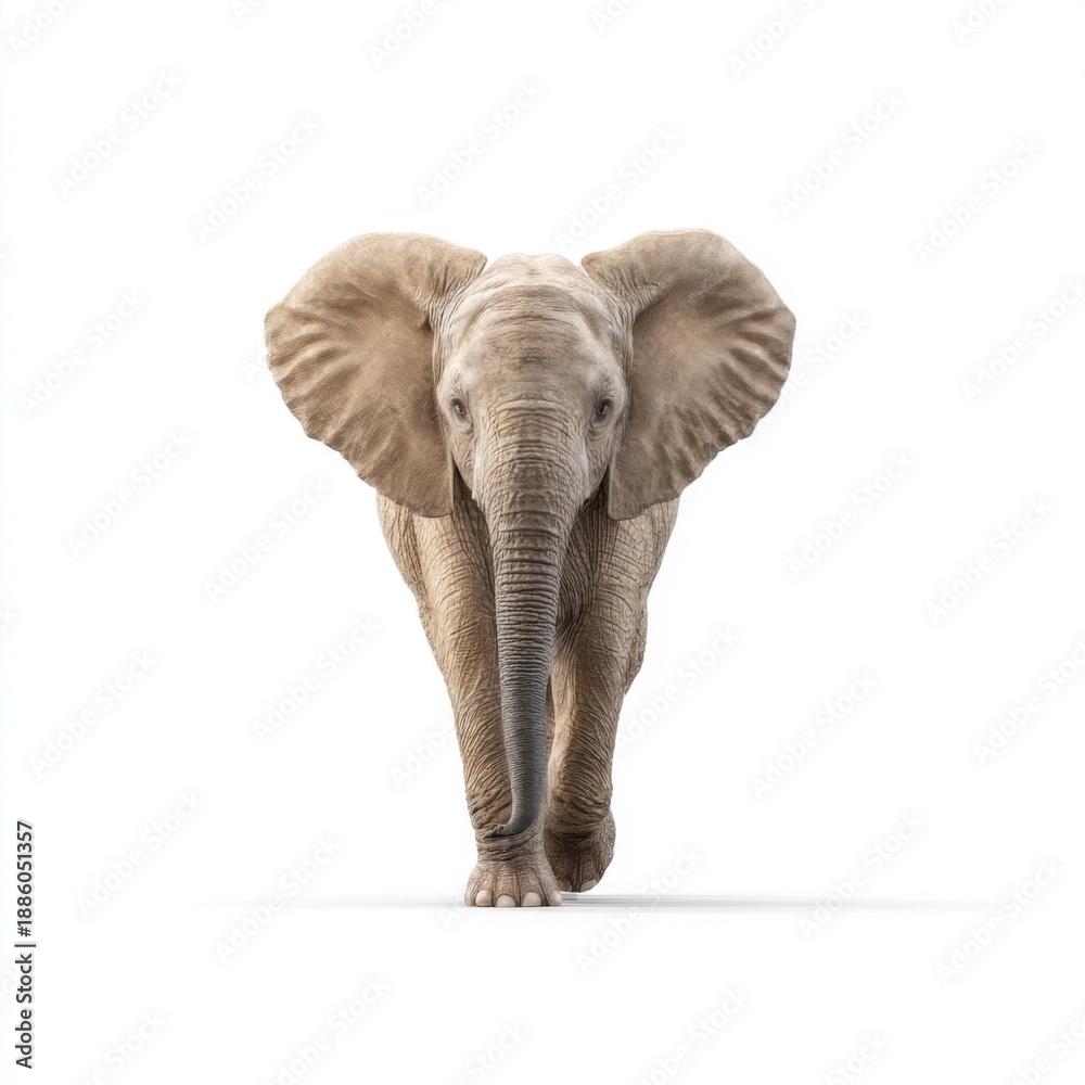 Obraz premium Realistic depiction of a young elephant walking forward on a white background showcasing its size and unique features