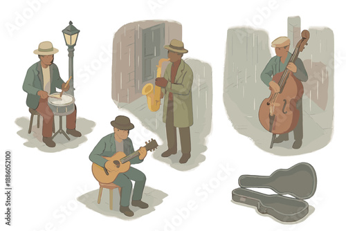 Street Jazz Quartet. Isometric vector illustration set Street Jazz Quartet: drummer with snare, saxophonist, guitarist, bassist,