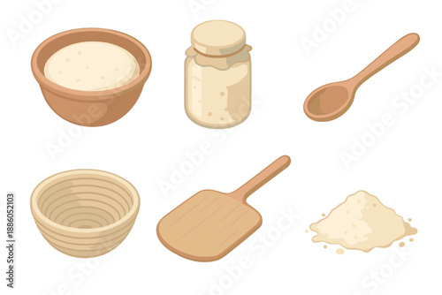 Rustic Baking Tools. Isometric vector illustration set Rustic Bread Making: clay bowl with dough, yeast jar, wooden spoon,
