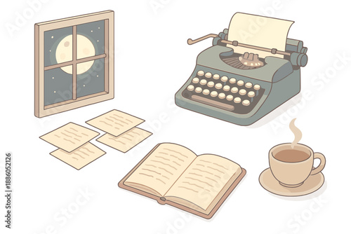 Lunar Writer's Desk. Isometric vector illustration set Lunar Writer’s Desk: old typewriter, moonlight through window, coffee cup,
