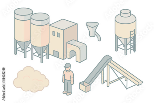 Cement Factory Icons. Isometric vector illustration set Cement Factory Ensemble: storage silos, industrial tanks, cement chute,