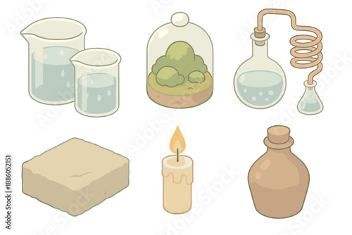 Petrichor Alchemy Lab. Isometric vector illustration set Petrichor Alchemy Lab: glass beakers with rainwater, moss terrarium,