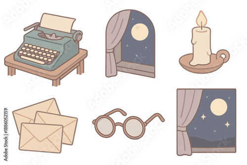 Midnight Typewriter Scene. Isometric vector illustration set Midnight Letter Symphony: old typewriter on desk, moon through