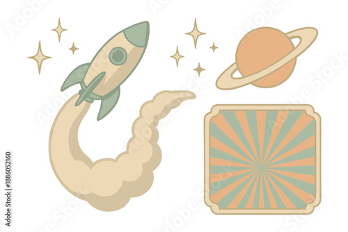 Retro Rocket Poster. Isometric vector illustration set Retro Rocket Poster: classic rocket ship, curved smoke trail, planet ring,