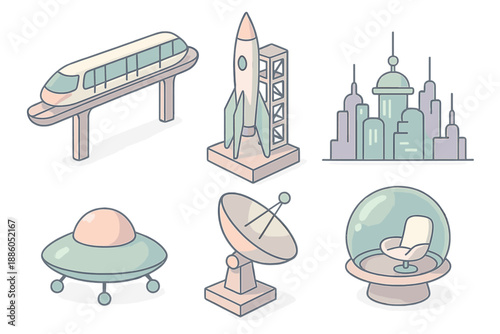 Futuristic Cityscape Icons. Isometric vector illustration set Space Age Metropolis: monorail track, rocket tower, saucer car, neon