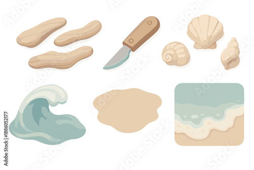 Driftwood Carving Icons. Isometric vector illustration set Driftwood Carving Tide: smooth driftwood pieces, carving knife,