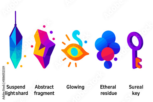 Dream Fragment Icons. Isometric vector illustration set Dream Fragment Archive: suspended light shard, abstract floating fragment,