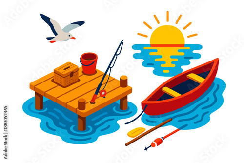 Fishing Dock Sunrise. Isometric vector illustration set Fishing Dock Sunrise: wooden pier, anchored canoe, rising sun reflection,