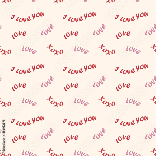 Valentine Seamless Typography Pattern with Love Text and XOXO, Romantic Vector Background