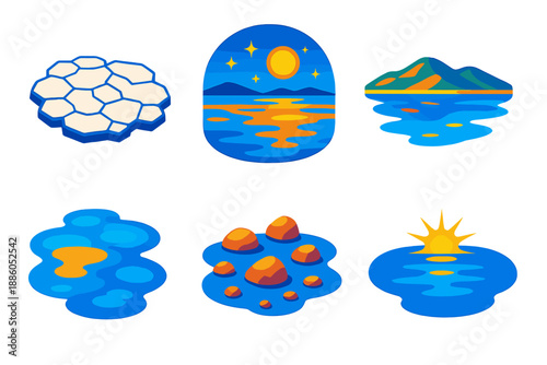 Salt Flat Mirage. Isometric vector illustration set Salt Flat Mirage: salt crust fragments, shimmering mirage, distant hills,