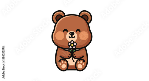 Cartoon bear holding flower on white