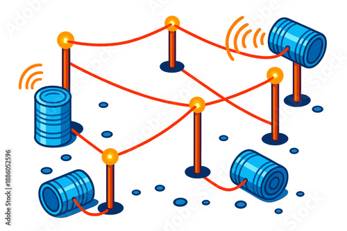 Tin Can Communication. Isometric vector illustration set Tin Can Telephone Network: connected tin cans, taut string lines, wooden