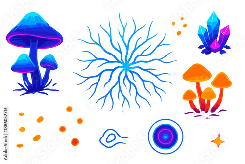 Bioluminescent Fungi Oracle. Isometric vector illustration set Mycelial Network Oracle: bioluminescent fungi, sprawling mycelium