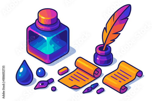 Iridescent Ink Set. Isometric vector illustration set Iridescent Gall Ink: glowing ink bottle, quill pen, small parchment scrolls,
