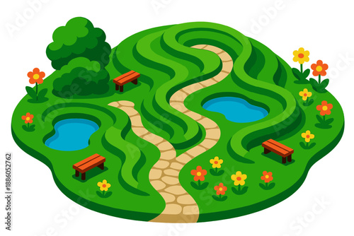 Topological Garden Map. Isometric vector illustration set Topological Garden Map: hilly garden layout, layered shrubbery, twisting