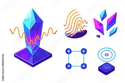 Resonant Crystal Vibrations. Isometric vector illustration set Resonant Frequency Crystal: glowing angular crystal, oscillating