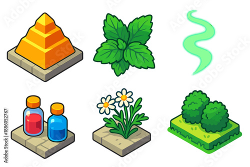 Scent Pyramid Icons. Isometric vector illustration set Scent Pyramid Architecture: pyramid terraces, aromatic herb clusters,