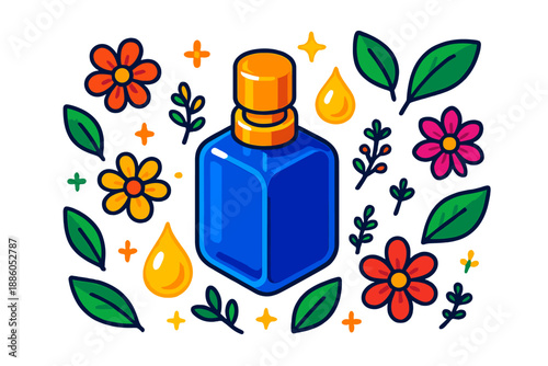 Botanical Essence Illustration. Isometric vector illustration set Botanical Essence Story: glass perfume bottle, tiny flowers,