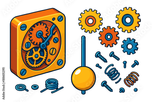 Mechanics Clock Illustration. Isometric vector illustration set Mechanics Clock: detailed clock mechanism, rotating cogs, tiny