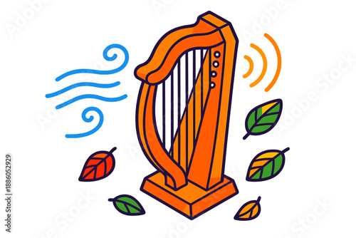 Aeolian Harp Icons. Isometric vector illustration set Aeolian Wind Harp: wooden harp frame, taut strings, tiny wind currents,