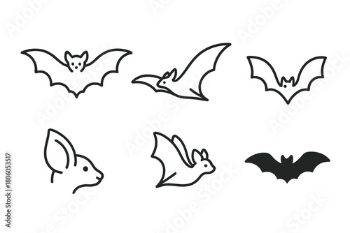 Nocturnal Flyer Icons. Line style icons of Nocturnal Flyers: soft wing arc, gliding shape, tiny flier, curved ear form, subtle