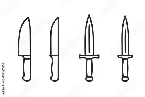 Bladed Tools Icons. Line style icons of Bladed Tools: sharp edge, slim blade, hilt line, pointed end, narrow profile, cutting