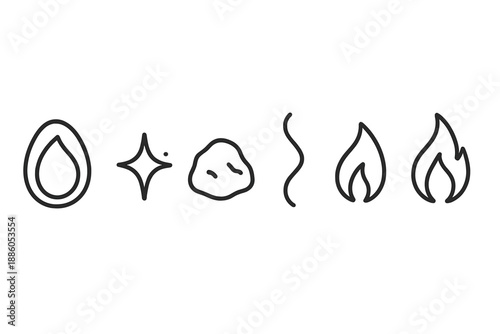 Ember Icons Collection. Line style icons of Ember: glowing ember, small spark, burnt coal shape, rising heat curl, dim flame tip,