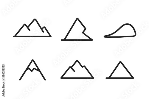Minimal Mountain Icons. Line style icons of Heights: high ridge, angular climb, slope contour, small summit line, elevated form,