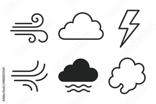 Weather Turbulence Icons. Line style icons of Weather Turbulence: strong wind swirl, thick cloud, angled bolt, pressure wave, dark