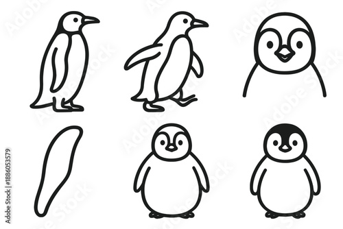 Penguin Line Icons. Line style icons of Penguin: standing penguin, walking penguin, penguin face, flipper curve, rounded belly,
