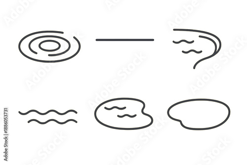Minimal Water Icons. Line style icons of Water Scenes: soft ripple, quiet surface, curved bank, light wave line, minimal pond form