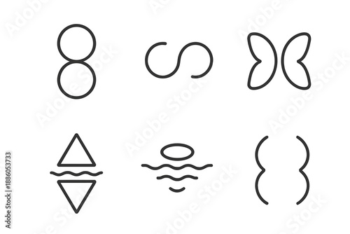 Reflective Line Icons. Line style icons of Reflection: mirrored shape, soft duplicate arc, calm symmetry, subtle water line,