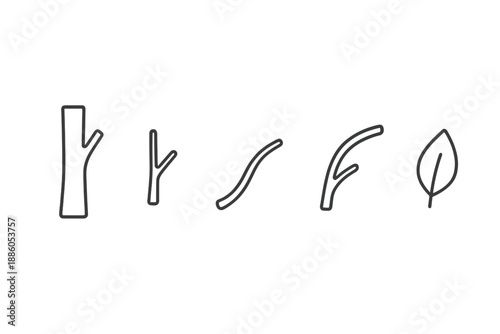 Tree Element Icons. Line style icons of Tree Elements: woody stem, small offshoot, curved twig, soft branch arc, minimal leaf hint