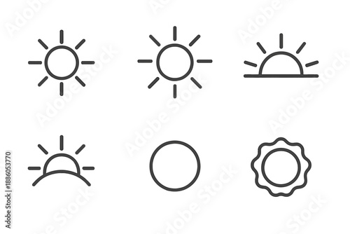 Sun Icon Varieties. Line style icons of Sun: full sun, ray circle, half sun, soft beam arc, round disk, gentle glow shape. No text