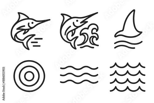 Marine Blade Surge Icons. Line style icons of Marine Blade Surge: powerful swimmer, extended bill, water surge, fin gesture,