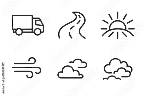 Horizon Load Icons. Line style icons of Horizon Load Journey: truck figure, curving road, horizon arc, spoke lines, soft breeze,