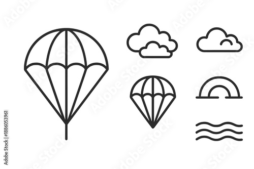 Parachute Cloud Icons. Line style icons of Parachute Cloud Freedom: parachute silhouette, drifting clouds, open canopy, suspension